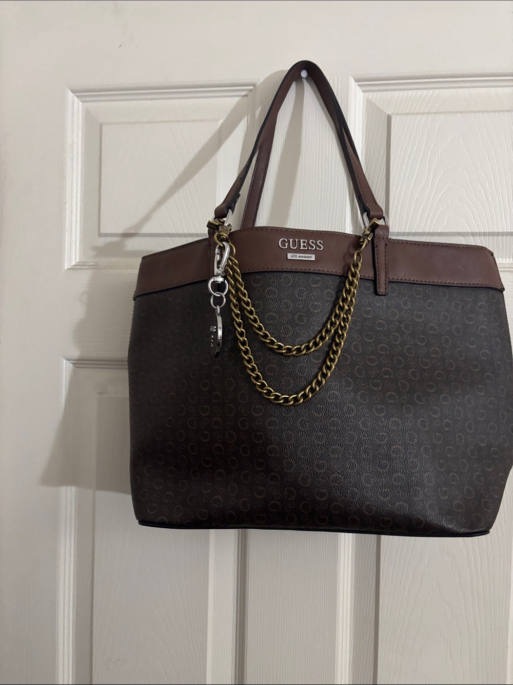 GUESS Brown Logo Tote with Gold Chain Detail